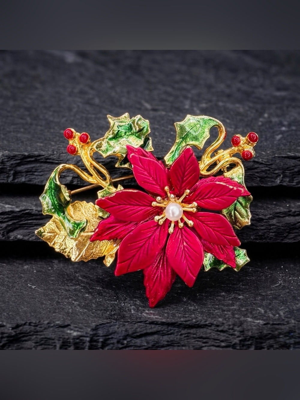 Vintage Y2K Kenneth Cole Satin Red Enamel Christmas Poinsettia Faux Pearl Brooch